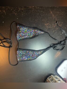 Seduction Black Rhinestone Lingerie Set – String Panty And Triangle Halter Bra